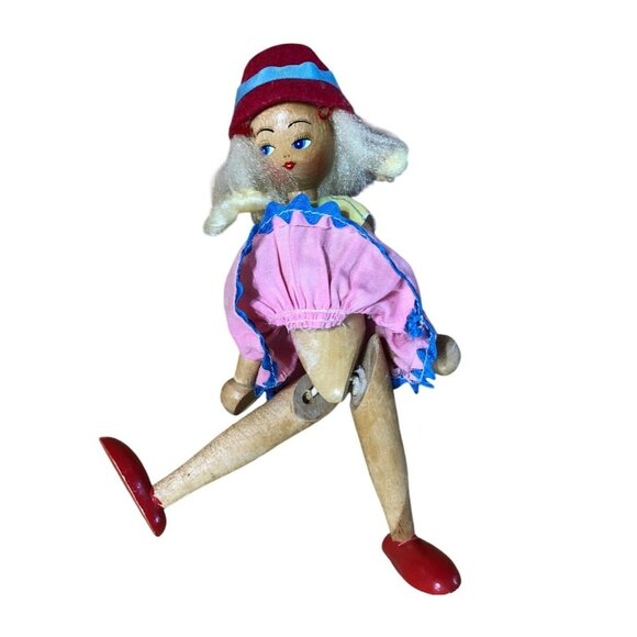 Vintage Wooden String Jointed Peg Doll Folk Art Mid Century Toy Polish - Picture 5 of 9